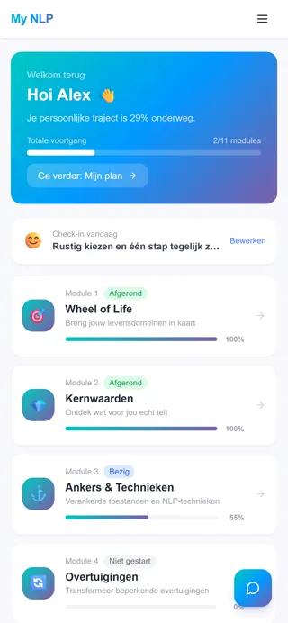 My NLP dashboard met voortgang en oefenmodules